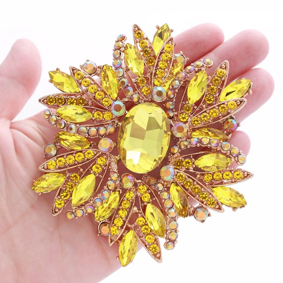 Large Yellow Rhinestone Brooch, Party Dress Pin Brooch, Yellow