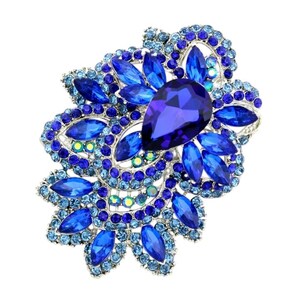 Blue Crystal Brooch, Large Rhinestone Brooches Pins, Prom Party Dress Pin Sash Brooch, Silver Metal Sapphire Blue Rhinestones Broaches