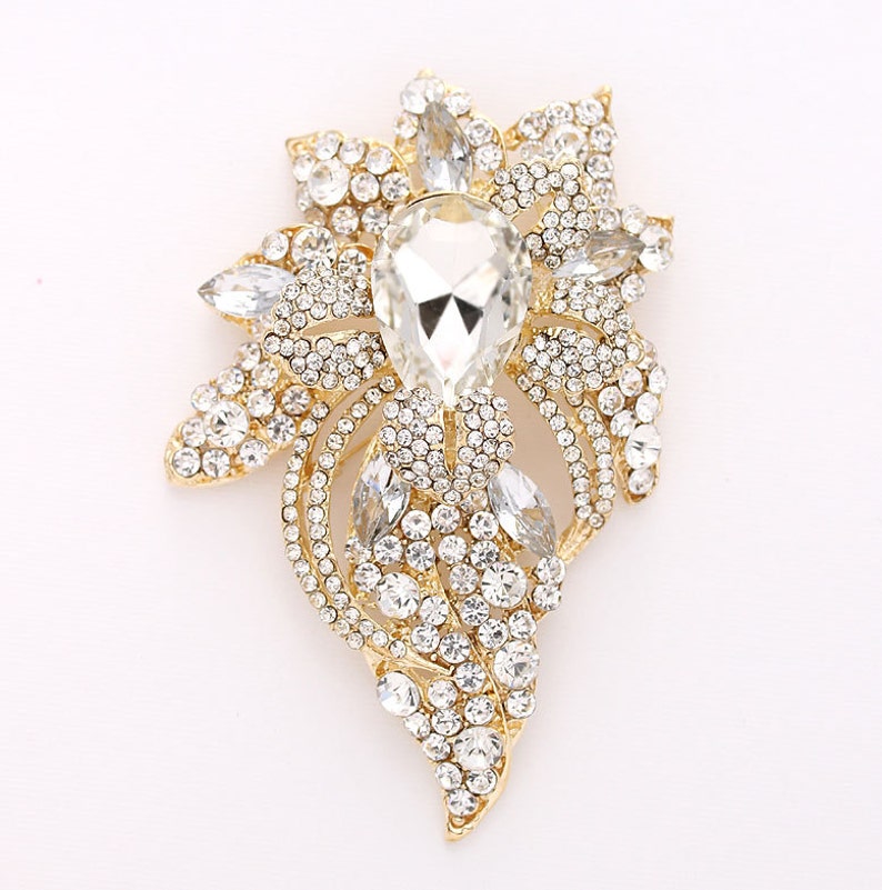 Large Crystal Brooch Dress Pin Sash Broach Gold Rhinestone Etsy