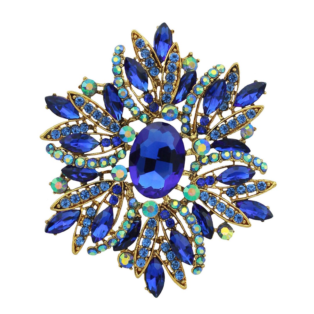 Large Blue Brooch, Sapphire Crystal Brooches Pins Women, Gold Metal