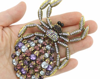 Rhinestone Spider Brooch, Purple Crystal Brooches Pins for Women, Halloween Party Dress Pin Decoration, Large Tarantula Pin