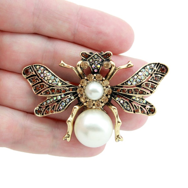 Unique Bee Brooch, Pearl Brooches Pins Women, Golden Brown Rhinestone Brooch, Dress Crystal Pin Decoration, Insect Brooches Gift for Her