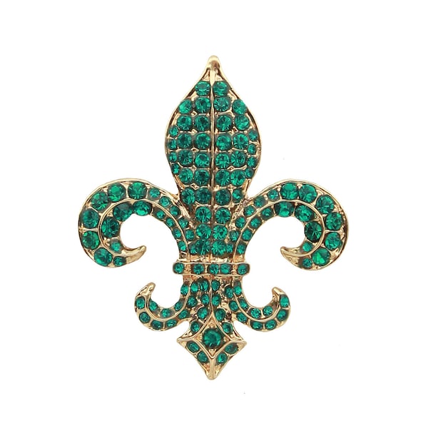 Gold Plated Green Rhinestone Fleur de Lis Brooch Women Pin Clips Fashion Clothing Adornment Party Office Friend Sparkly Gift for Her
