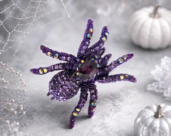 Purple Rhinestone Spider Brooch, Crystal Tarantula Halloween Pin