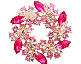 Rhinestone Wreath Brooch, Pink Brooches Pins, Wreath Pin, Pink Wedding Broaches, Dress Broach, Gold Metal Pink Crystal Rhinestone Brooches