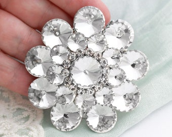 Large Clear Crystal Brooch, Rhinestone Brooches Pins, Silver Wedding Bridal Brooch Pin, Big Round Brooches, Cake Sparkling Brooch