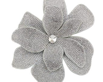 Silver Crystal Flower Brooch Pin, Large Floral Applique Rhinestone Embellishment for Dress Lapel Corsage