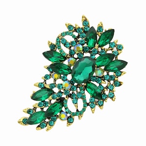 Green Brooch, Gold Metal Brooch Emerald Green Crystals, Green Broaches Pins, Dress Pin, Wedding Bouquet Brooches, Green Pins Women Jewelry