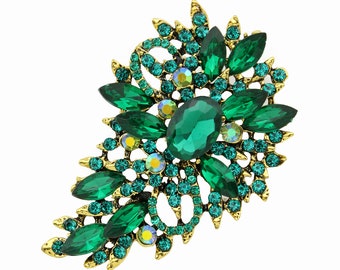 Green Brooch, Gold Metal Brooch Emerald Green Crystals, Green Broaches Pins, Dress Pin, Wedding Bouquet Brooches, Green Pins Women Jewelry