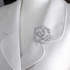 Rose Brooch Rhinestone Silver, Wedding Bridal Brooch, Large Dimensional Brooch Pin, Crystal Peony Flower Brooch, Crystal Rhinestone Broaches image 9