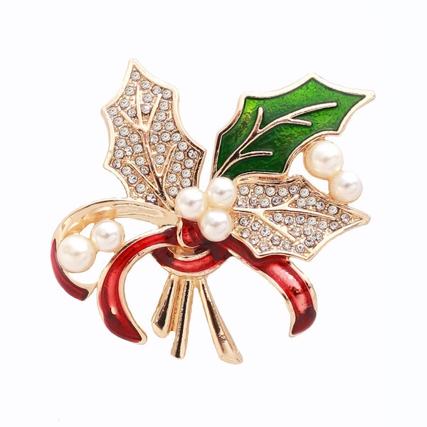 Rhinestone Holly Leaf Brooch, Christmas Brooches Pins Women, Crystal Pearl Brooch, Dress Broach, Holiday Xmas Jewelry Holly Berries Pin Gift