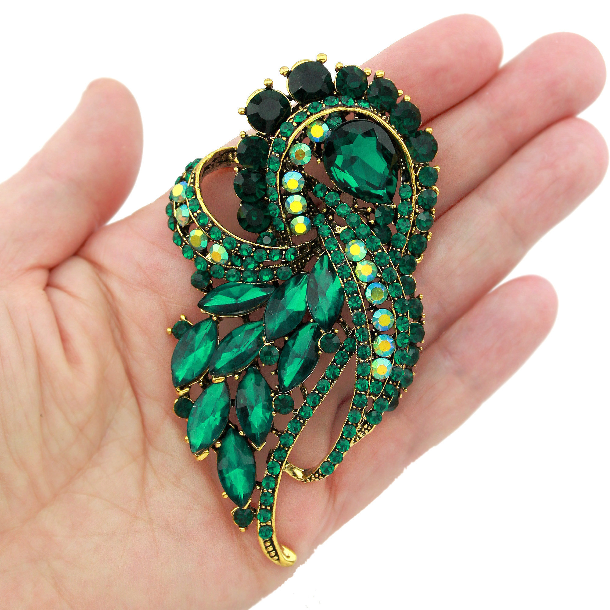 Vintage Pin Brooch Leaf Design Emerald Green Glass Set of 2