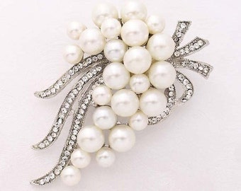 Rhinestone Pearl Brooch, Crystal Wedding Bouquet Pearl Broaches, Pearl Bridal Dress Pin Decoration, Silver Crystal Brooches Pins for Women