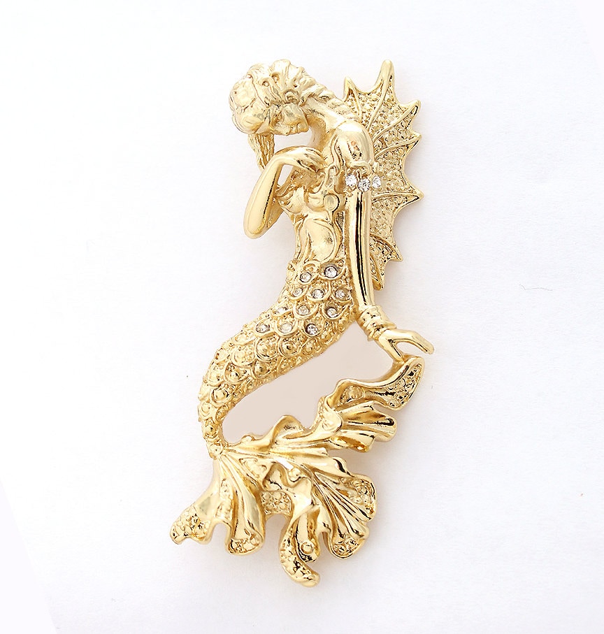 Mermaid Brooch Crystal Gold Mermaid Pin Gold Rhinestone Brooches Pins Ocean Beach Wedding Bridal Bouquet Brooch Scarf Dress Pin