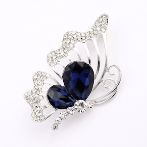 Rhinestone Butterfly Brooch, Navy Wedding Bouquet Brooches, Something Blue Bridal Broach, Metal Dark Blue Crystal Broaches Butterflies Pins