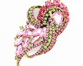 Pink Green Brooch, Crystal Brooches Pins, Event Party Dress Pin, Pink Green Rhinestone Brooches Women, Rhinestone Crystal Broach Crafts