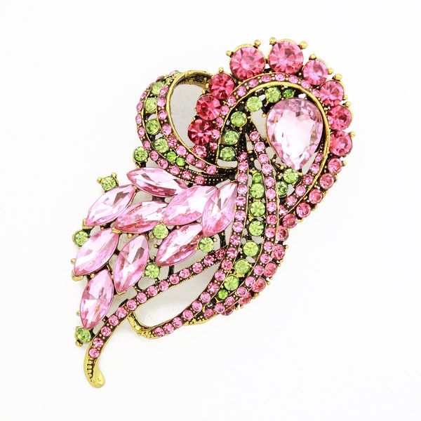 Pink Green Brooch, Crystal Brooches Pins, Event Party Dress Pin, Pink Green Rhinestone Brooches Women, Rhinestone Crystal Broach Crafts