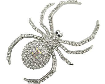 Crystal Spider Brooch Pin Large Rhinestone Silver Gothic Halloween Jewelry