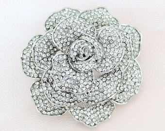 Rose Brooch Rhinestone Silver, Wedding Bridal Brooch, Large Dimensional Brooch Pin, Crystal Peony Flower Brooch, Crystal Rhinestone Broaches