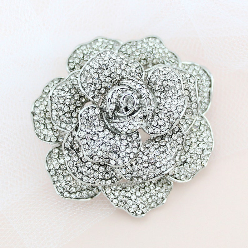 Rose Brooch Rhinestone Silver, Wedding Bridal Brooch, Large Dimensional Brooch Pin, Crystal Peony Flower Brooch, Crystal Rhinestone Broaches image 1