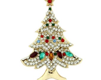 Crystal Christmas Tree Brooch Pin, Gold Winter Rhinestone Jewelry