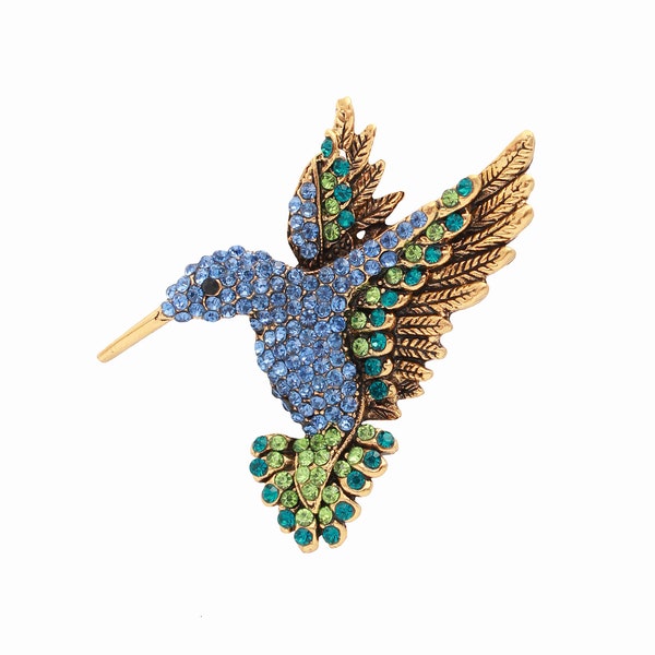 Crystal Hummingbird Brooch, Green Blue Brooches Pins, Rhinestone Blue Hummingbird Pin, Dress Brooch, Hat Clutch Blue Birds Broaches Gift