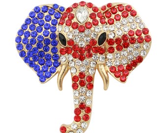 Crystal Elephant Brooch: Red, White & Blue Rhinestone Animal Pin