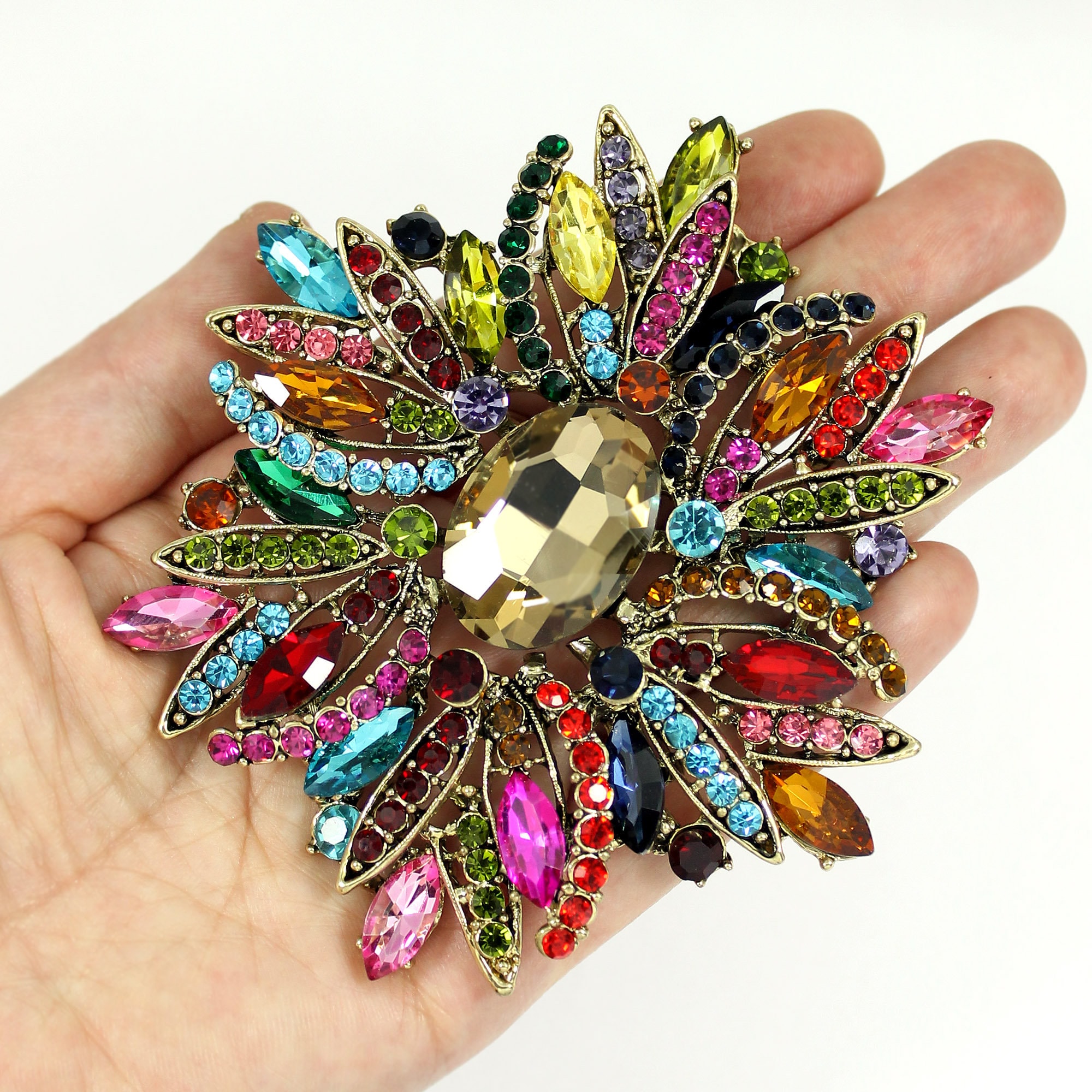 Large Multi Color Rhinestone Brooch Dress Pin Brooch Rainbow Etsy