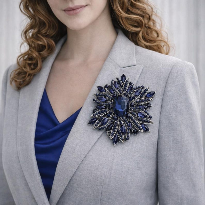 Large Navy Rhinestone Brooch, Dark Silver Bridal Pin - Etsy