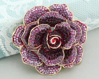 Rhinestone Rose Brooch, Large Dimensional Brooch Pin, Peony Flower Brooches Women, Crystal Purple Pins Trendy Fashion Gift for Her