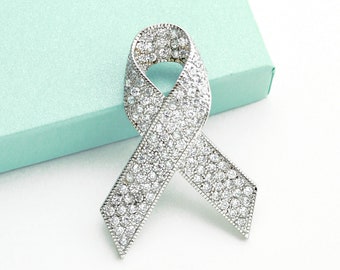 Silver Ribbon Brooch, Breast Lung Cancer Awareness Brooch Pin, Crystal Brooches Pins, Love Lost Support Gift Pin for Cancer Survivor