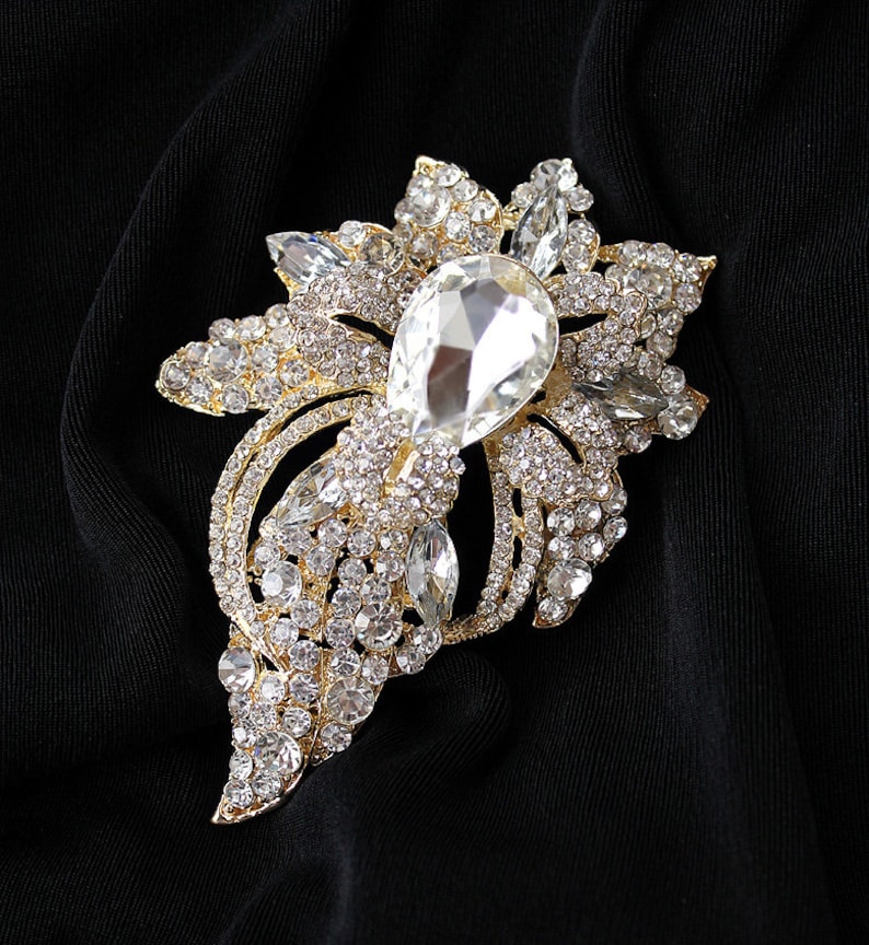 Large Crystal Brooch Dress Pin Sash Broach Gold Rhinestone Etsy