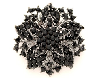 Black Rhinestone Brooch: Silver Plated Crystal Broach, Wedding Bouquet Pin