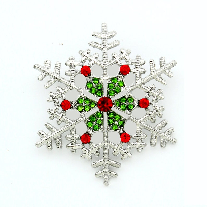 Snowflake Brooch Rhinestone Red Green Christmas Pins Jewelry image 1