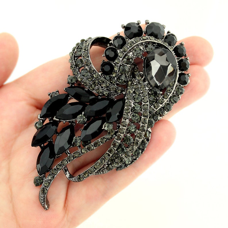 Black Bridal Brooch Large Black Brooch Crystal Black Brooch Rhinestone Back Brooches Black Dress Sash Broach