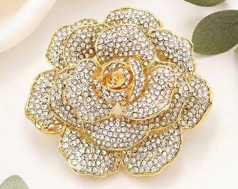 Large Rose Brooch, Gold Crystal Flower Pin, Rhinestone Floral Jewelry