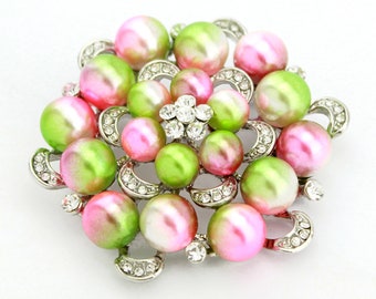 Pearl Rhinestone Brooch, Pink Green Pearls Brooches Pins, Wedding Brooch, Broaches for Bouquet Wedding Cake, Dress Pin, Pink Green Broach