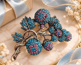Blue Purple Crystal Berry Branch Brooch, Gold Tone Botanical Lapel Pin, Jeweled Floral Accessory