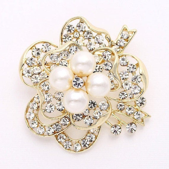 Rhinestone Wedding Brooch Bouquet Wedding Clear Crystal Wedding Cake Brooch Gold Flower Crystal Rhinestone Brooch Gift for Her Pearl Brooch