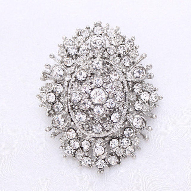 Silver Rhinestone Brooch, Wedding Bouquet Crystal Broaches Pins, Bridesmaid Bridal Dress Pin Sash Brooch, Oval Silver Brooches Women