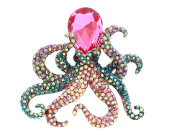 Crystal Octopus Brooch, Rhinestone Brooches Pins, AB Pink Blue Rhinestone Octopus Pin, Ocean Beach Party Dress Decor Pins, Gift for Her