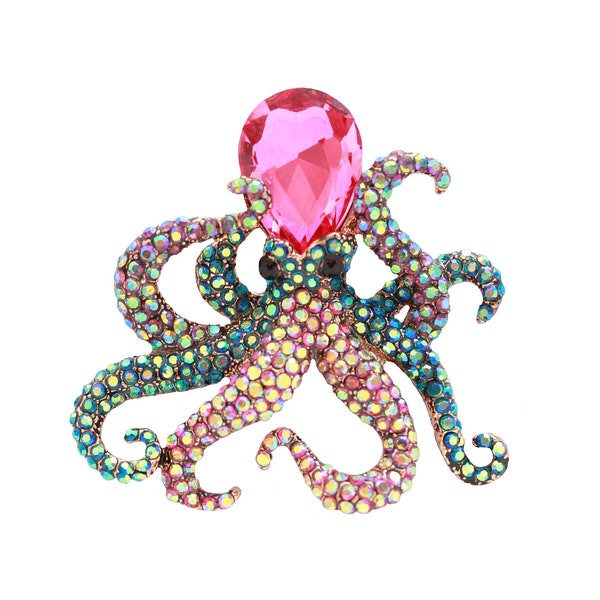 Crystal Octopus Brooch, Rhinestone Brooches Pins, AB Pink Blue Rhinestone Octopus Pin, Ocean Beach Party Dress Decor Pins, Gift for Her