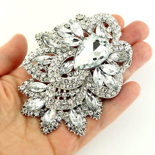 Silver Wedding Bridal Large Crystal Flower Brooch Rhinestone diamante Broach Pin 