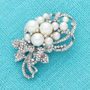 Crystal Pearl Brooch: Silver Wedding Bouquet Pin