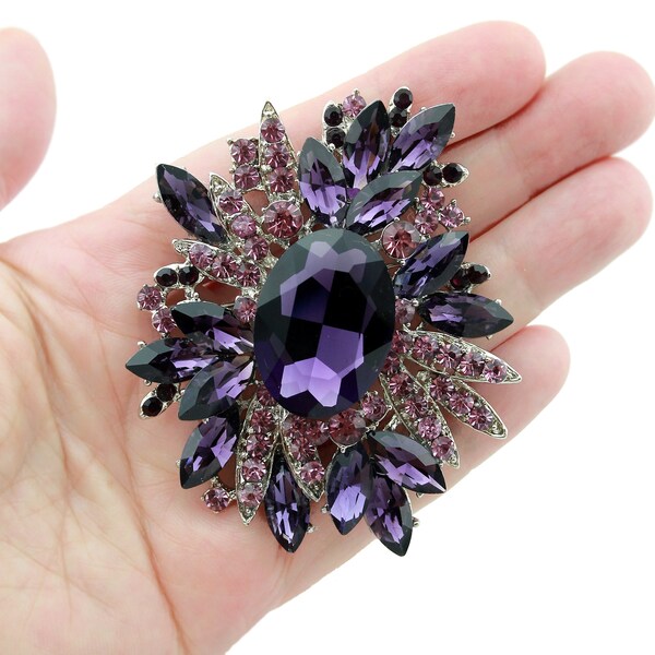 Large Purple Rhinestone Brooch Party Dress Pin Sash Decoration Sparkly Amethyst Plum Crystals Adornment Clip Women Fashion Gift for Her