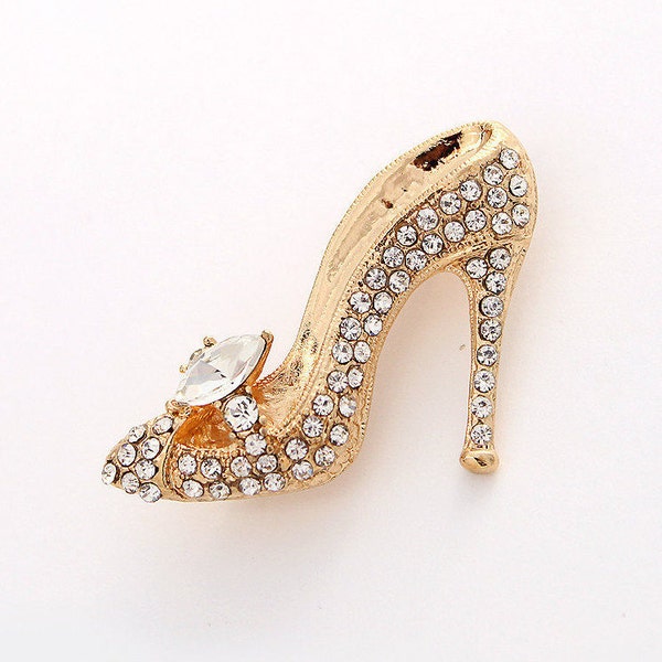 Golden Rhinestone High Heel Shoe Brooch, Princess Prom Bridal Bridesmaid Pin Accessory Decoration Corsage, Sparkly Wedding Crystal Pins