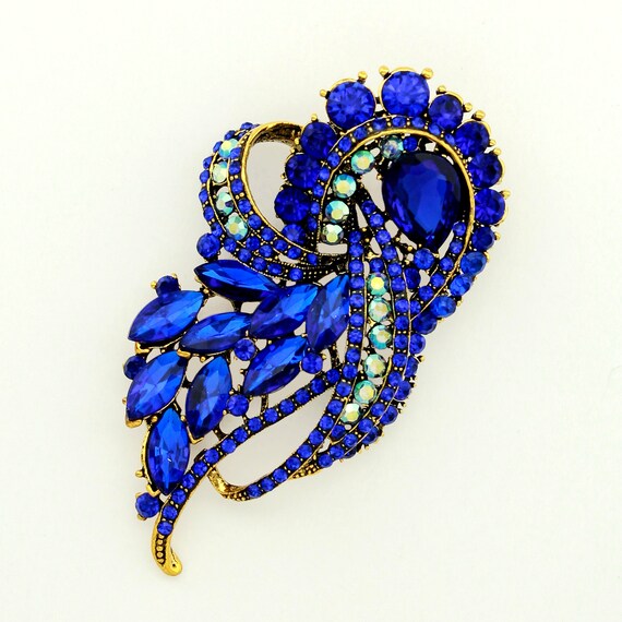 Gold Blue Brooch Vibrant Blue Brooches Pins Dress Sash Crystal