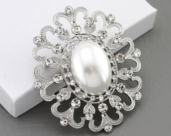 Rhinestone Pearl Brooch, Wedding Bridal Bouquet Brooches Pins, Sash Dress Decor Crystal Accessory, Silver Plated Brooches Women, Oval Brooch