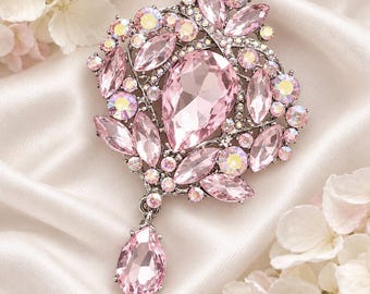 Pink Crystal Brooch, Vintage Style Silver Rhinestone Pin, Dangling Teardrop Wedding Jewelry Embellishment