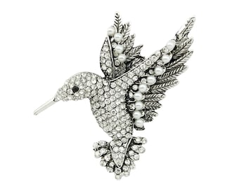 Rhinestone Hummingbird Brooch, Silver Brooches Pins Women, Bird Pin Lover Gift, Crystal Pearl Brooch, Hummingbirds Brooches Jewelry